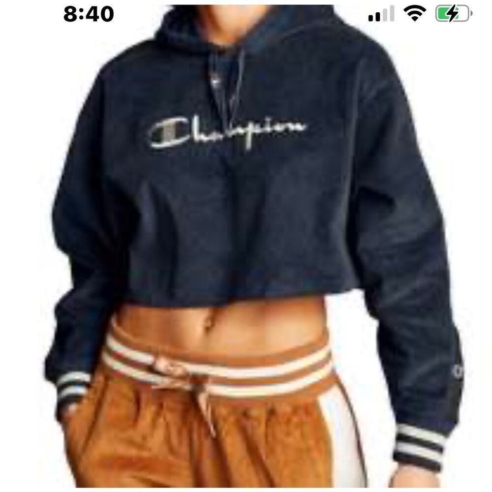 Champion Blue Corduroy Cotton Blend Pullover Long Sleeve Cropped Hoodie Small